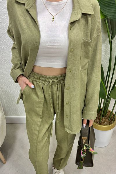 Swana Linen Owersize Linen Bottom Top Set-Khaki