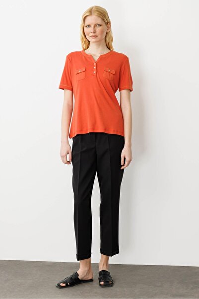 Desen Triko Women's Open Collar Cotton T-Shirt with Front Pocket Tile