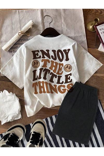 vinraus Girl\Boy White-Black Enjoy the Little Back Printed Combed Cotton Shorts-Tshirt Set