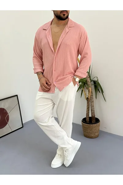 Combineman35 Dusty Rose White Men's Summer Crinkle Lycra Fabric Long Sleeve Shirt Tracksuit 2 Piece Wrap Suit