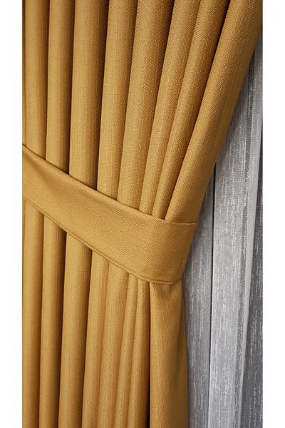 Yuka Linen Textured Mustard Board Background Curtain Luxury Heavy Weight Single Sash 1/3 Dense Pleated Solid Color