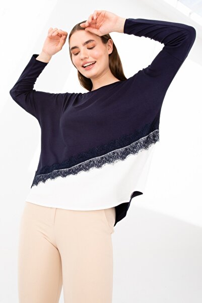 Desen Triko Women's Crew Neck Long Sleeve Skirt Lace Piece Combed Cotton Tunic Navy Blue