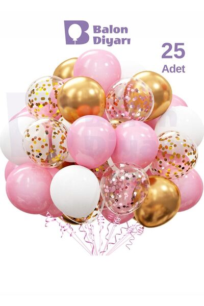 BALON DİYARI Beyaz & Pembe & Gold Konfeti Şeffaf 25 Adet Balon Seti – Göz Alı...