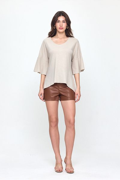 Laranor Cream Flywheel Sleeve U Neck Asymmetrical Lycra Ayrobin Blouse 25L8032
