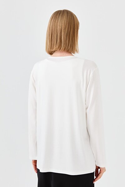 Desen Triko Women's Crew Neck Chain Fabric Combed Cotton Blouse Bone