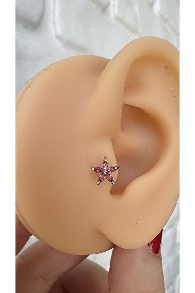 alysa jewelry cerrahi çelik pembe 5 taşlı çiçek piercing tragus helix lobe