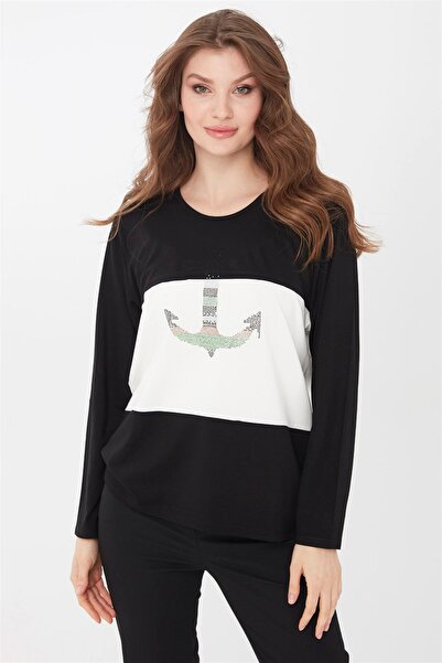 Desen Triko Γυναικεία μπλούζα με μακρυμάνικο κέντημα με λαιμόκοψη μπροστά μαύρη