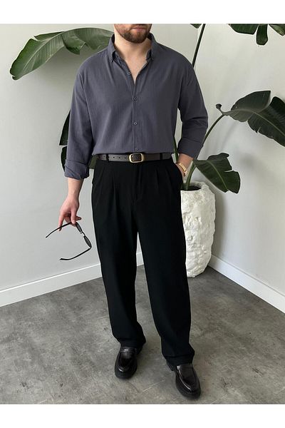 A&O Style Ανδρικό λινό πουκάμισο Anthracite Oversize καλοκαιρινό μακρυμάνικο