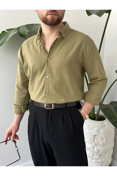 A&O Style Ανδρικό λινό πουκάμισο Χακί Oversize Καλοκαιρινό μακρυμάνικο