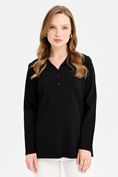 Desen Triko Μαύρη λεπτή πλεκτή γυναικεία μπλούζα με γιακά πόλο