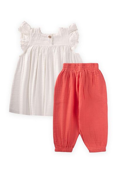 Cigit Embroidered Organic Muslin Shalwar Suit 1-7 Years Ecru