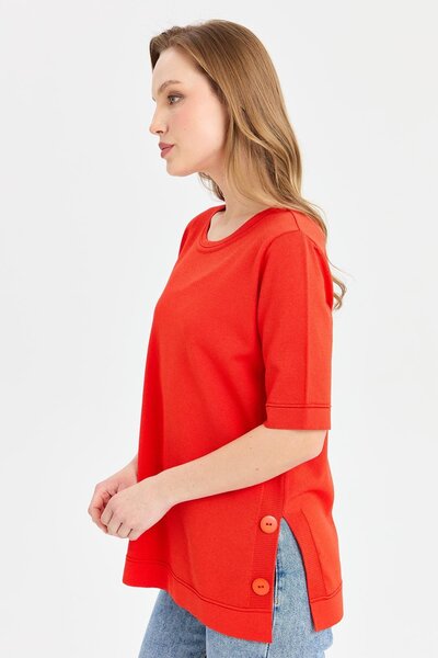 Desen Triko Women's Zero Neck Side Button Thin Knitwear Blouse Coral