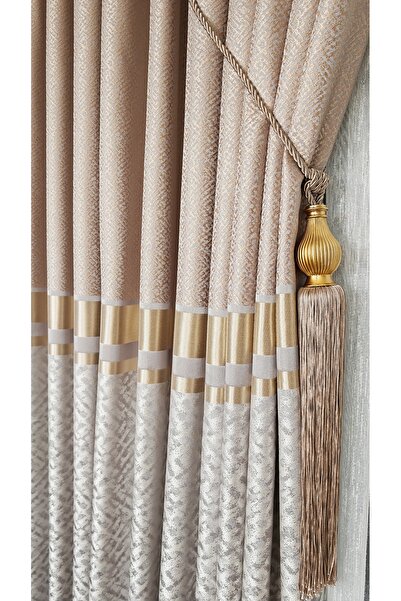 Yuka Πρόχειρο φόντο κουρτίνα βιζόν Κρέμα χρυσό ριγέ σύννεφο μοτίβο μονό φτερό στενό πλισέ ζακάρ