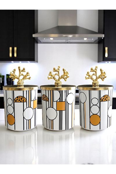 ferayhome Spice Cylinder Set of 3 Coffee Corner Set Geometric Patterned Black 750 ml Volume Gold - Feray Home
