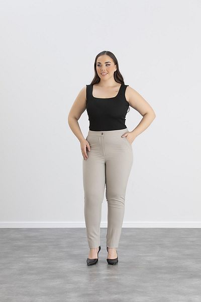 LİYACA Plus Size High Waist Lycra Ankle Length Fabric Pants with Pockets