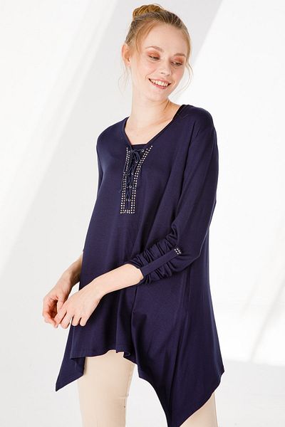 Desen Triko Women's Crew Neck Long Sleeve Skirt Asymmetrical Combed Cotton Tunic Navy Blue