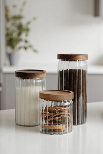 Sevinse Home 3'lü Vakumlu Akasya Kapaklı Cam Kavanoz - Erzak/Bakliyat Saklama Kabı Seti