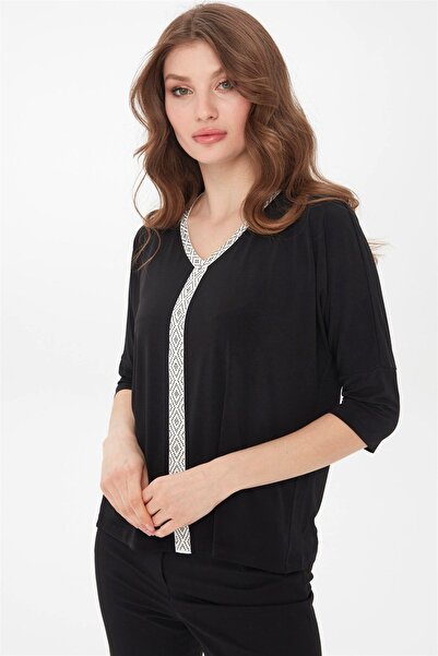 Desen Triko Γυναικεία Μπλούζα Μαύρη με Πέτρα Κεντημένη Μπροστινή Μπλούζα με τ...