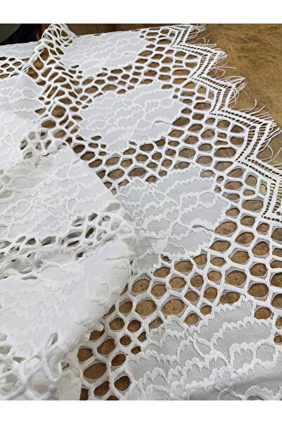 METERİAL Beyaz File Görünümlü Dantel Kumaş|Çiçek Motifli ve Püskül Kenarlı | Modern Tasarımlar İçin | 1 Metre