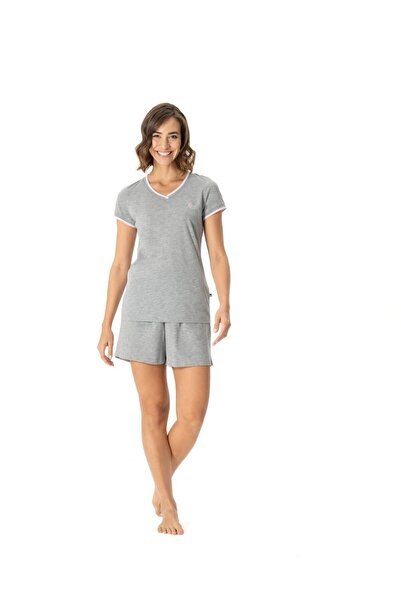 U.S. Polo Assn. U.S. Polo Assn. Kadın V Yaka Gri Şortlu Pijama Takımı - Gri - BCP1.16D99A1-XG