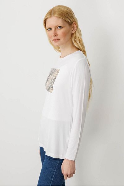 Desen Triko Women's Crew Neck Front Stone Printed Combed Cotton Blouse Ecru