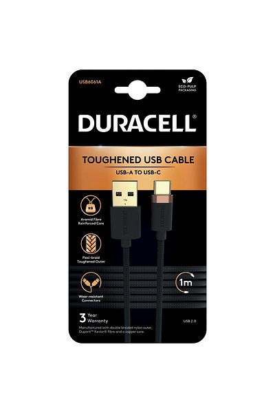Duracell Cablu Duracell, USB-A to USB-C, 1m, transfer date 480Mbps, fibra Dupon Kevlar, miez de cupru, Negru
