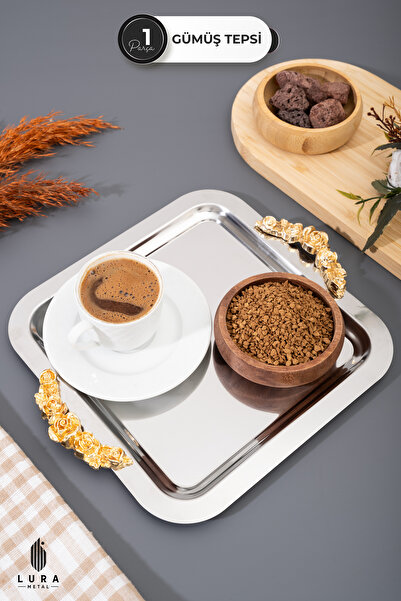 Homekolik Güllü Gümüş Krom Kahve Sunum Tepsisi 22 cm - Şık Sunumluk, Zarif Gü...