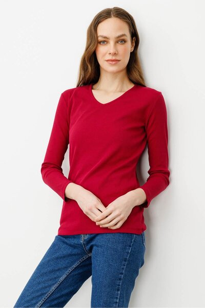 Desen Triko Women's V-Neck Camisole Cotton Blouse Cherry