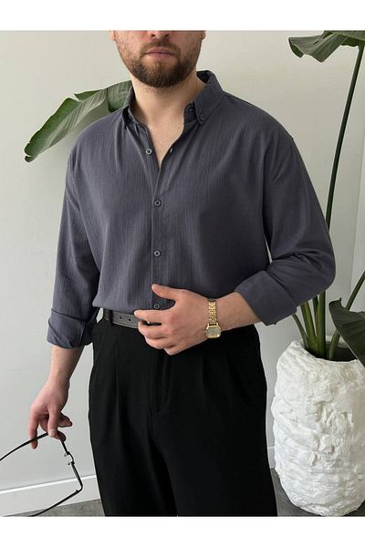 A&O Style Ανδρικό λινό πουκάμισο Anthracite Oversize καλοκαιρινό μακρυμάνικο