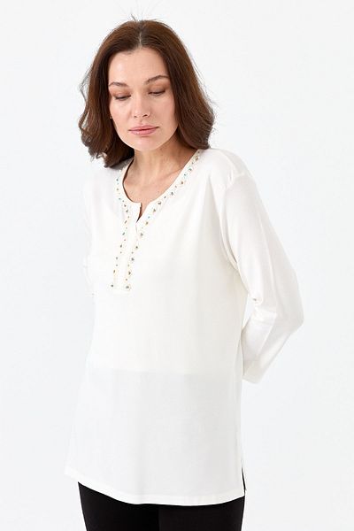 Desen Triko Women's Collar Plaid Beaded Embroidered Three Quarter Sleeve Combed Cotton Blouse Ecru