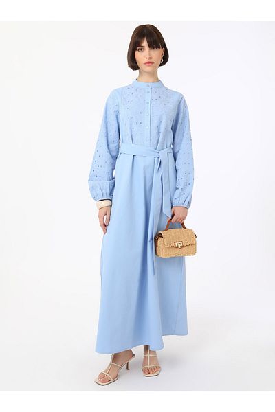 Benin Poplin Hijab Dress with Embroidery Detail - Baby Blue - Benin