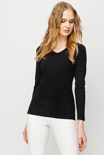 Desen Triko Γυναικεία βαμβακερή μπλούζα με λαιμόκοψη V μαύρη