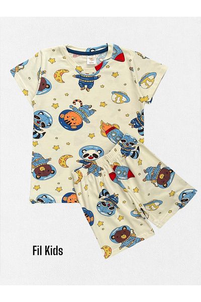 elmas kids Boy's 100% Cotton Ecru Astronaut Space Rocket Pattern Night Themed Short Sleeve Shorts Pajama Set