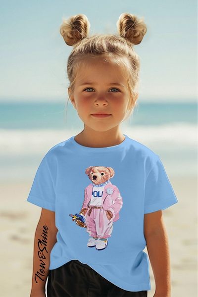 New Shine 1 tricou este un cadou pentru achiziții de 6 și mai sus în coș - Tricou pentru copii oversize imprimat cu urs roz
