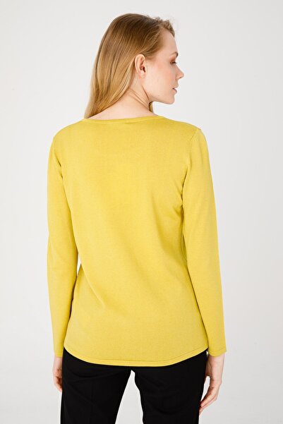 Desen Triko Kadın Sıfır Yaka Uzun Kol Yakası Taşlı Triko Bluz Safran