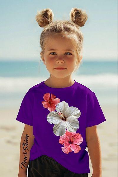New Shine 1 tricou este un cadou pentru achiziții de 6 și mai sus în coș - Tricou pentru copii oversize imprimat cu trei flori