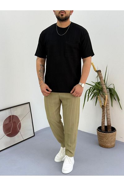 Combineman35 Black Khaki Reported Ottoman Fabric Single Pocket T-Shirt-Pants Set of 2 with Back Single Pocket