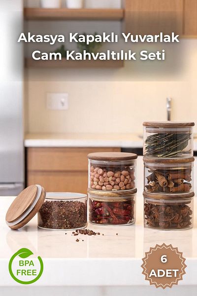 Sevinse Home 6-Piece Acacia Lid Glass 300 ml Breakfast Set