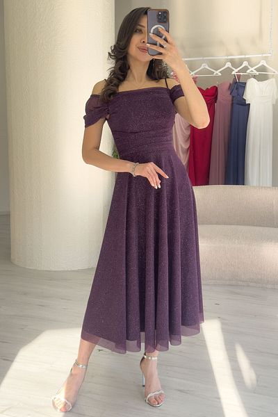 the ZKS Women Midi Length Flared Straps Off Shoulder Evening Dress White, Navy Blue, Lilac, Purple, Black
