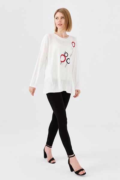 Desen Triko Women's Crew Neck Front Patterned Long Sleeve Combed Cotton Blouse Bone
