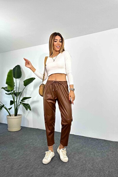 Gökkuşağı Beli Ip Bağlamalı Çimalı Deri Pantolon
