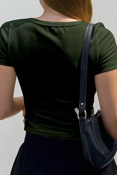 Teenage Millionaire Women's Khaki Green U Neck Short Sleeve Ribbed Camisole Blouse Body