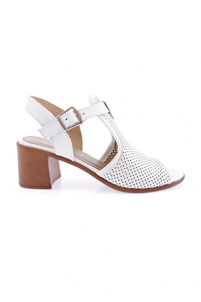 DGN 055 Model Laser Cut White Genuine Leather Women's Heeled Sandals