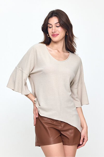 Laranor Κρεμ μανίκι βολάν U-Neck Asymmetric Lycra Ayrobin Μπλούζα 25l8032