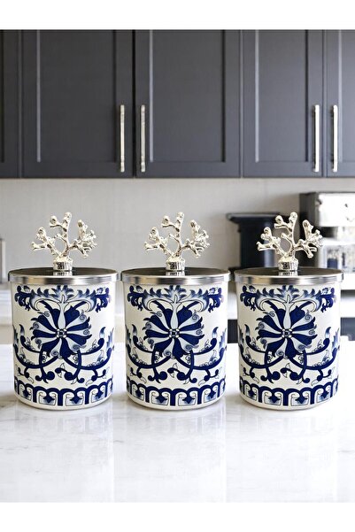 ferayhome Baharatlık Silindir 3 lü Set Kahve Köşesi Mavi Çiçekli GÜMÜŞ Mercan...