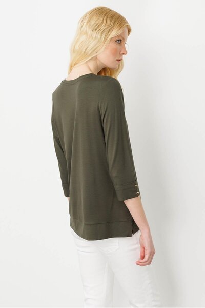Desen Triko Women's V-Neck Combed Cotton Blouse Khaki