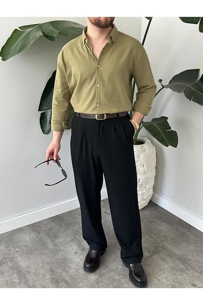 A&O Style Ανδρικό λινό πουκάμισο Χακί Oversize Καλοκαιρινό μακρυμάνικο