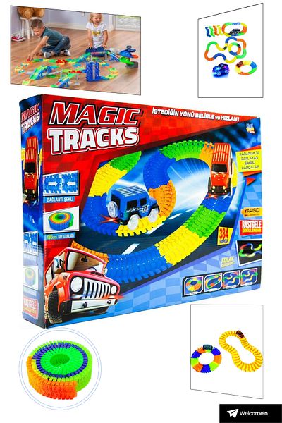 welcomein Magic Tracks Colorful Moving Rails 384 Pieces Led Lighted Toy Car Track Track Set with 2 Cars