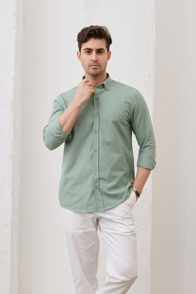 RAVANELLI Sarte - Erkek Haki Slim Fit Dar Kesim Düğmeli Yaka Keten Görünümlü %100 Pamuk Flamlı Gömlek