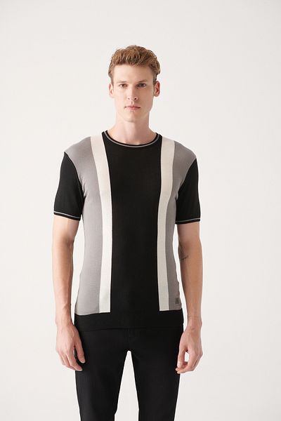 Avva Men's Black Crew Neck Color Block Knitwear T-Shirt A31Y5118